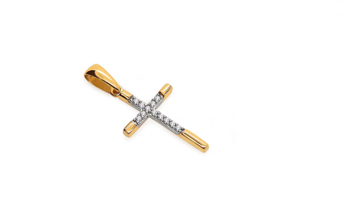 Dvoubarevný zlatý přívěsek křížek se zirkony - IZ27927