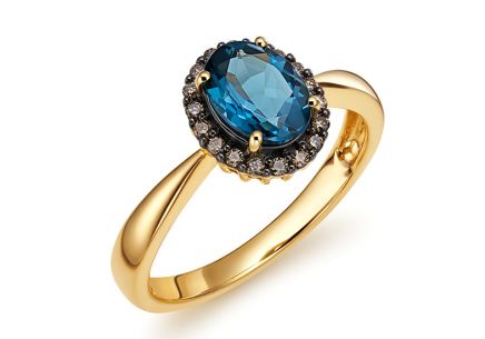 Briliantový prsten s London Blue topasem a champagne brilianty 0,140 ct