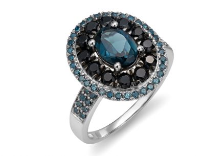 Prsten z bílého zlata s černými diamanty, London blue topasem a spinelem 0,430 ct