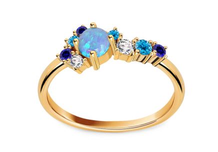 Zlatý prsten s opalitem a simulovanými drahokamy
