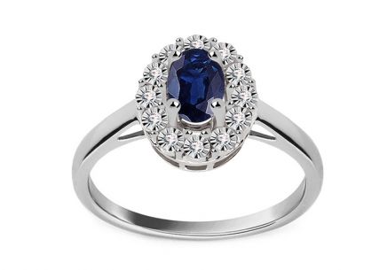 Prsten z bílého zlata se safírem a diamanty 0.050 ct Caliana