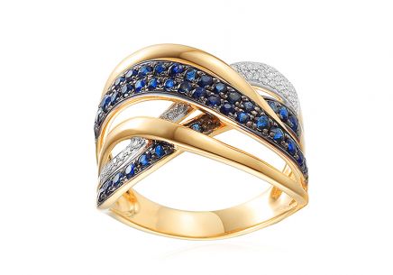 Působivý zlatý safírový prsten s diamanty 0.080 ct