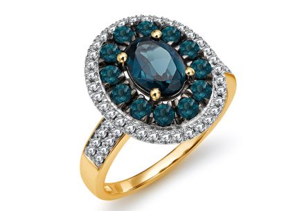 Zlatý briliantový prsten s London blue topasem 1,220 ct
