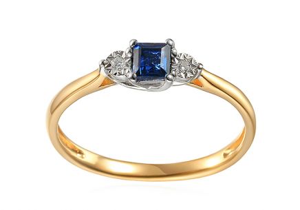 Zlatý dvoubarevný prsten se safírem a diamanty 0.010 ct