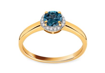 Zlatý prsten s London Blue topasem a diamanty 0,050 ct Rue