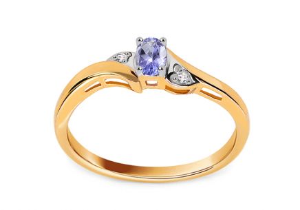 Zlatý prsten s tanzanitem a diamanty 0.010 ct