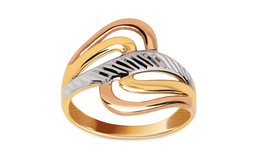 Tříbarevný celozlatý prsten s gravírováním Katey - IZ12479
